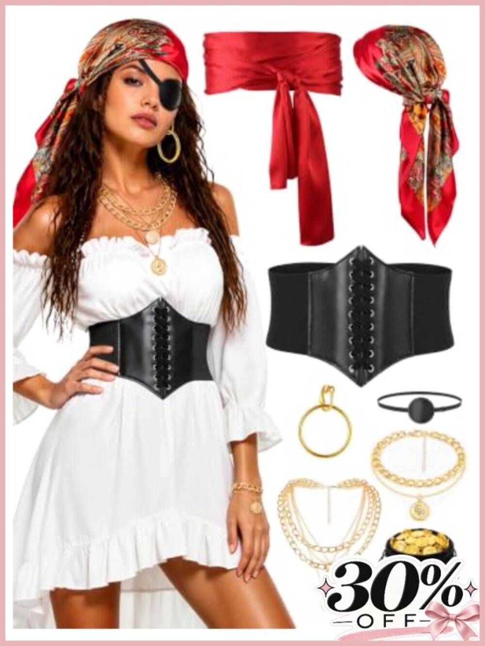 Pirate Costume Accessory Set Corset Belt Scarf Sash Jewelry Pouch